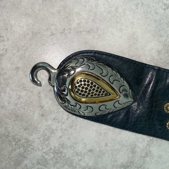 MIKKI G VINTAGE RARE Black Leather Custom-Cast Pewter Gold Swarovski Belt - Picture 5 of 11